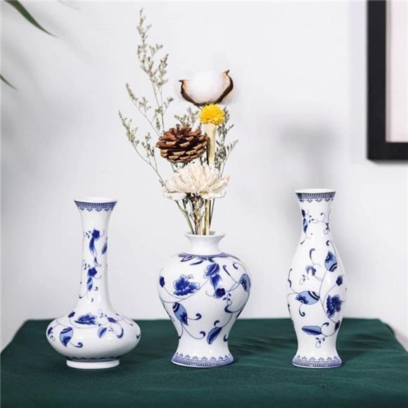 Chinese Ceramic Vase Set - Small Blue and White Porcelain Vases, Fambe Glaze - Picture 6 of 6